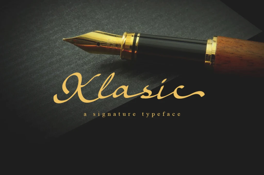 Klasic Script Font with connected calligraphic lettering, high stroke contrast, a pronounced rightward slant, and sweeping swashes.