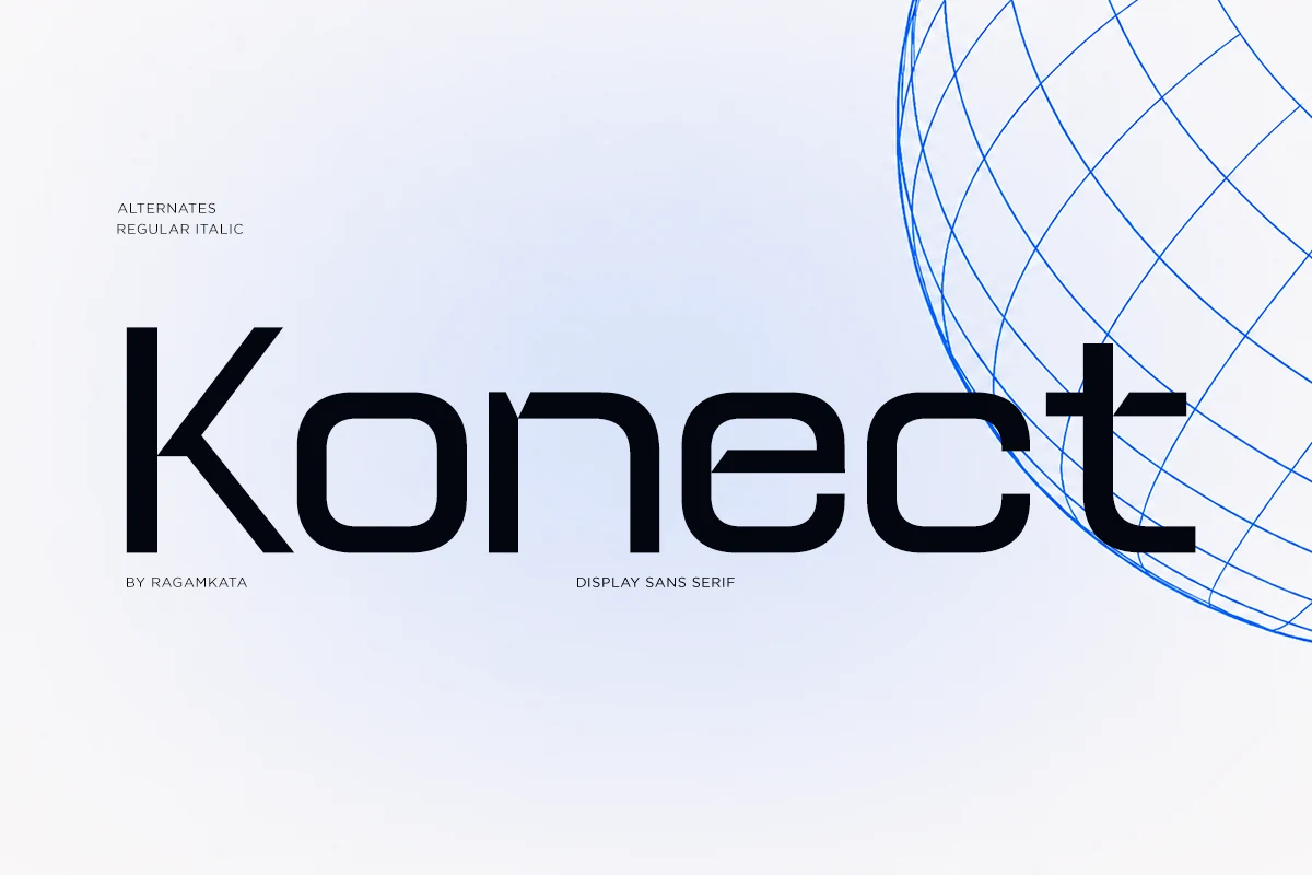 Konect - Futuristic Tech Sans Serif Font featuring geometric letterforms, uniform strokes, and sharp angular terminals.