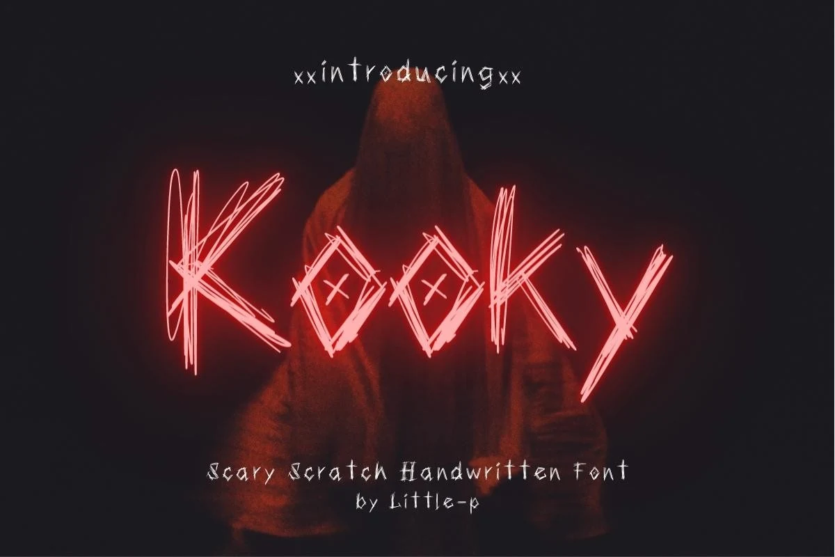 Kooky Font in a scribbled, scratch-textured handwritten display style with jagged, irregular strokes.