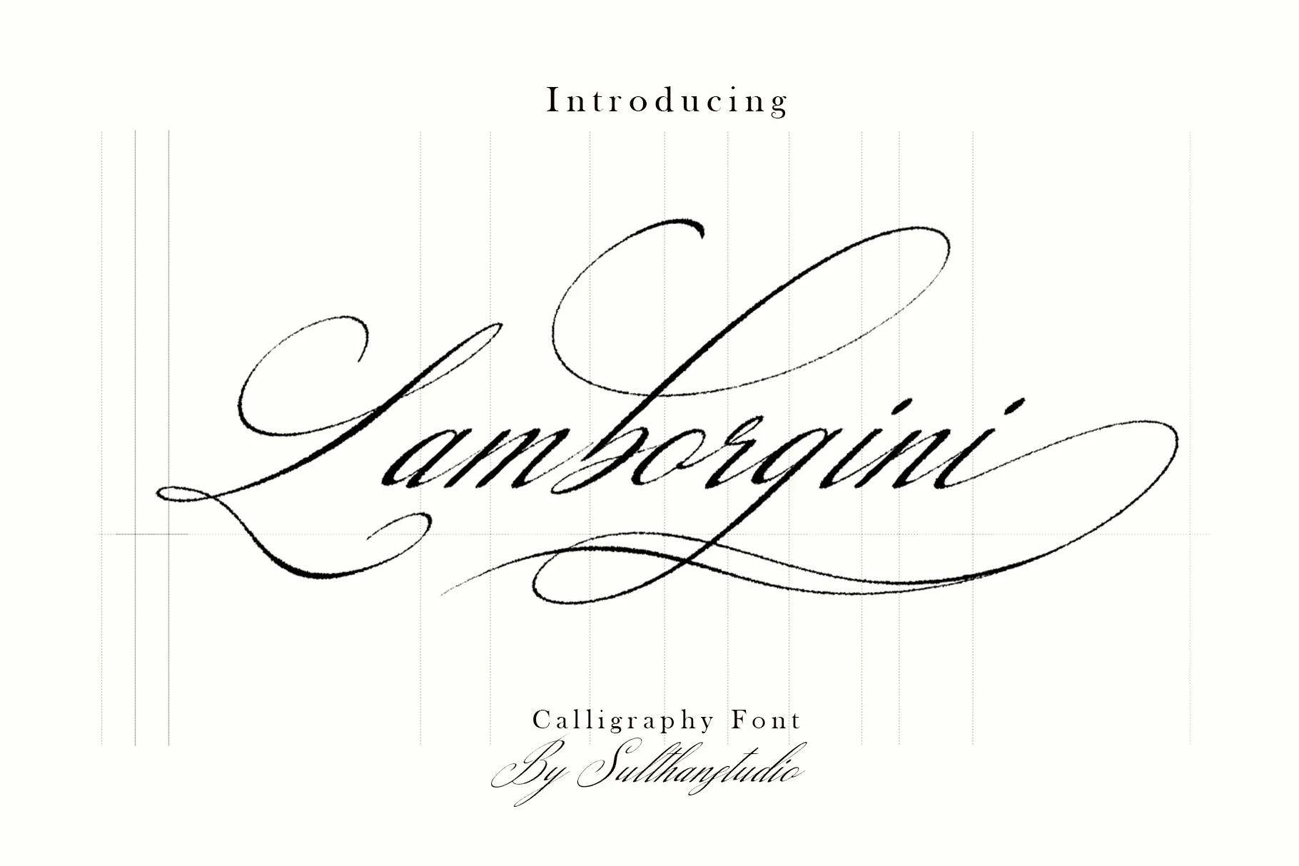 Lamborgini Font is a high-contrast calligraphy script with connected, right-leaning letters and sweeping decorative swashes.