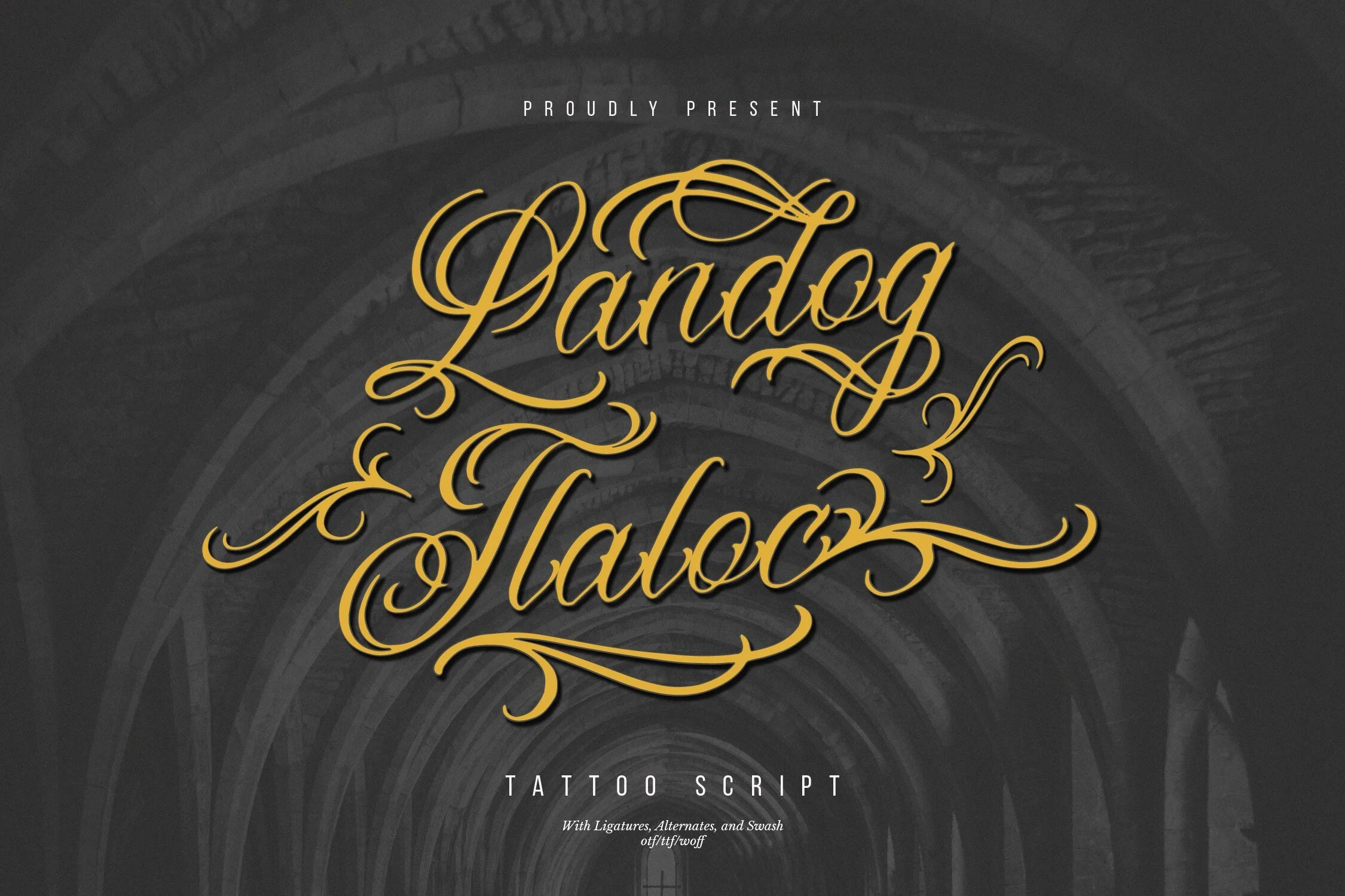 Landog Tlaloc Font featuring highly decorative swashes and flourishes and high stroke contrast between thick and thin lines