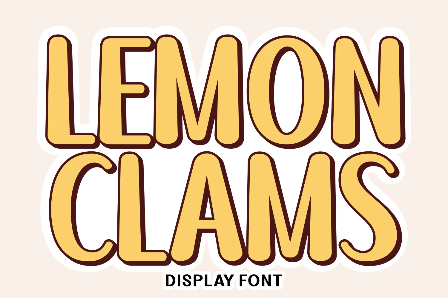 Lemon Clams Font shown in bold, rounded, condensed lettering with uniform strokes and a drop shadow.