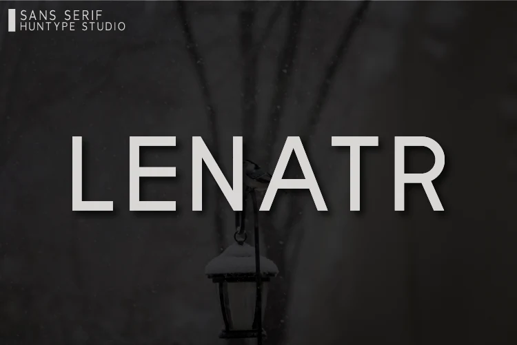 Lenatr Font displaying bold geometric sans-serif letters with uniform strokes, closed apertures, and horizontal terminals.