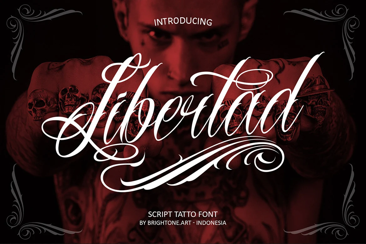 Libertad Font in a high-contrast connected script with pointed terminals and sweeping ornamental swashes.