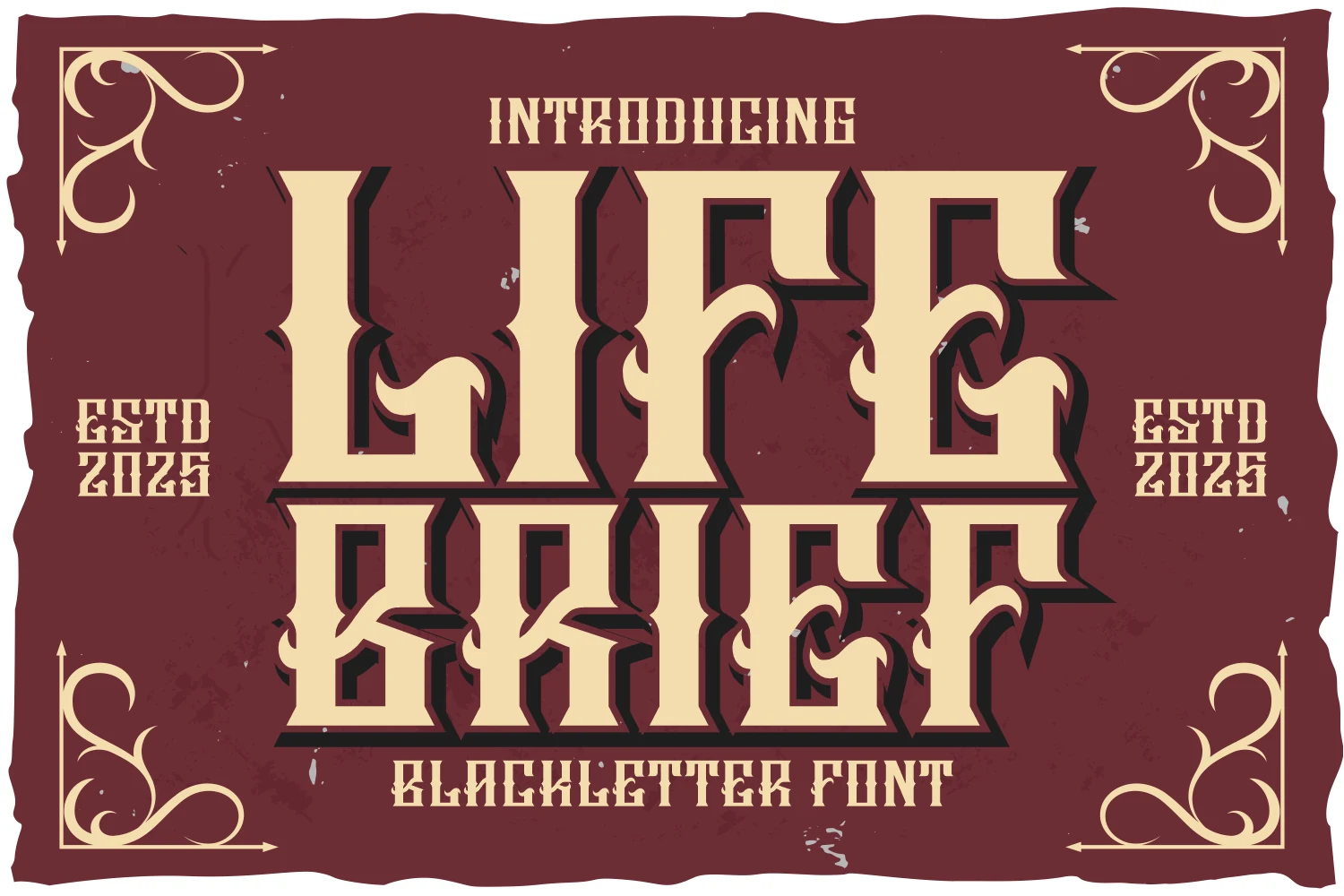 Life Brief Font, a condensed blackletter display typeface with sharp flame-like terminals, high contrast, and a heavy drop shadow.