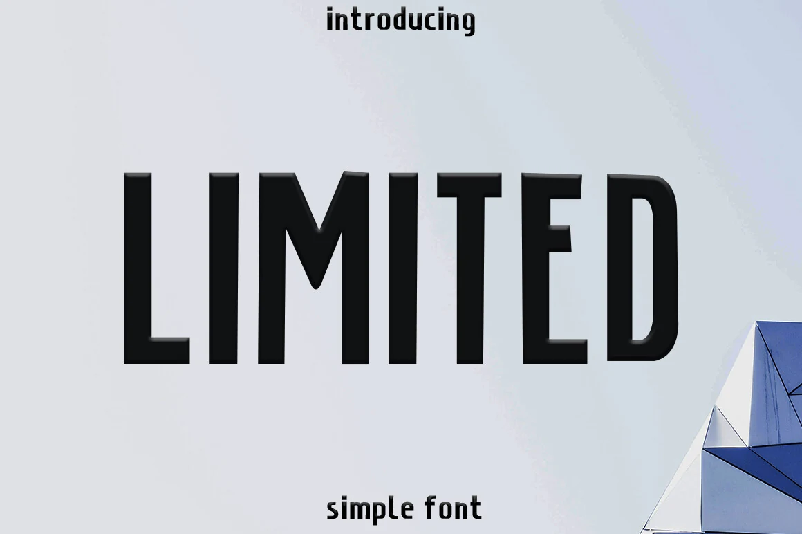 Limited Font shown as a bold condensed sans serif with uniform strokes, geometric letterforms, and a tall upright structure.