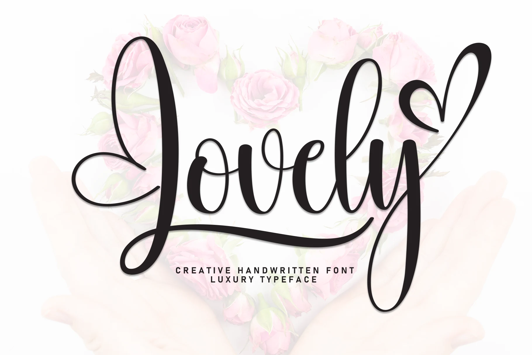 Lovely Font shown as a high-contrast connected script with slanted letters, loops, and decorative flourishes.