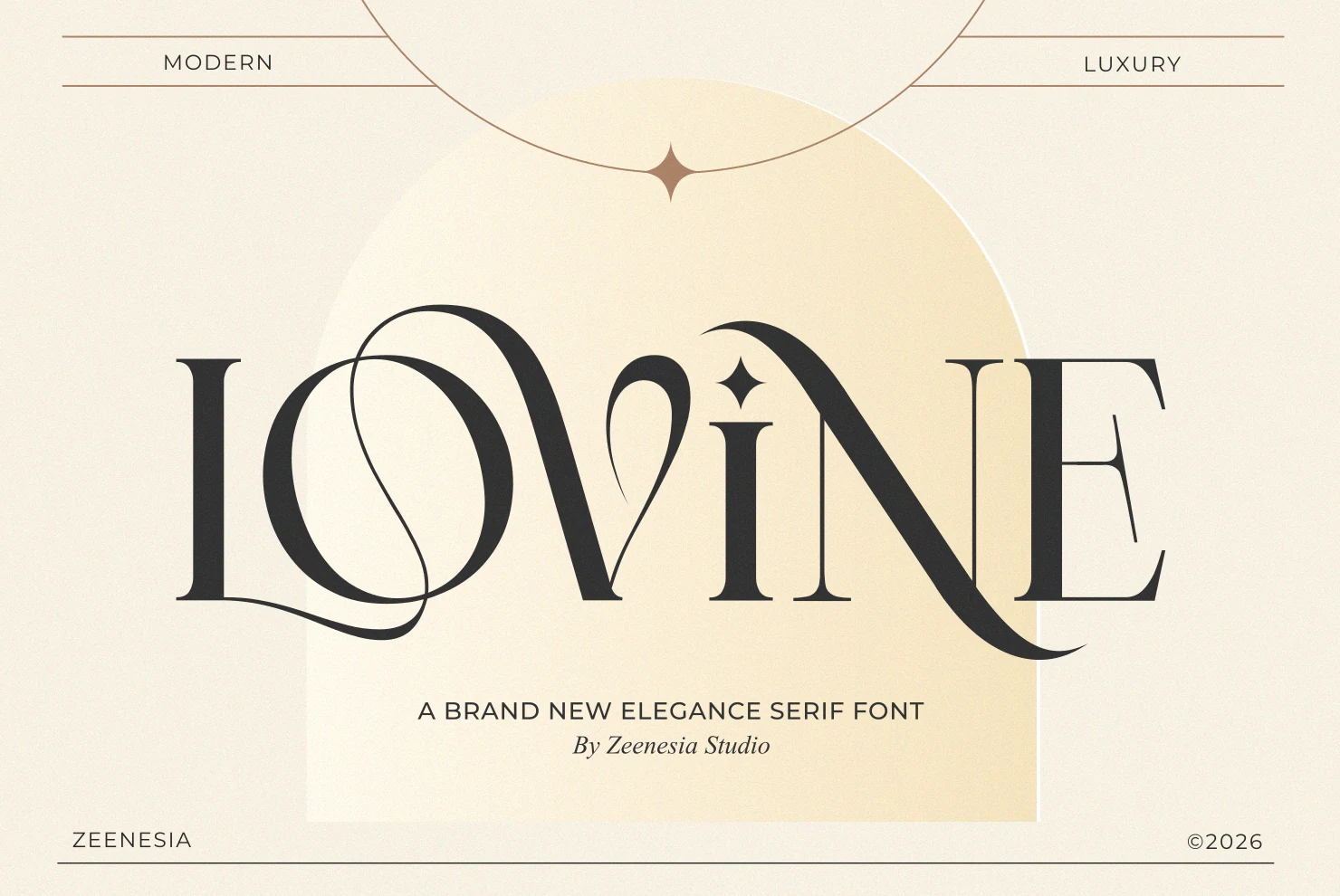 Lovine Font is a high-contrast serif with elongated serifs, connected ligatures, and elegant calligraphic curves.