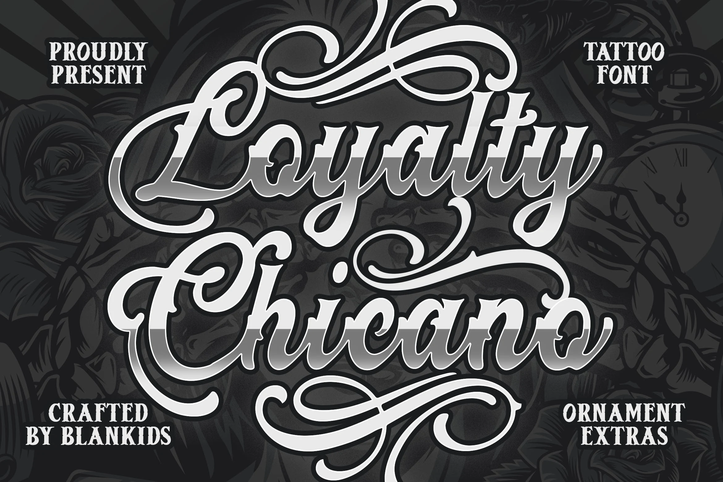 Loyalty Chicano Font is a bold, right-leaning connected script with high contrast and intricate decorative swashes.