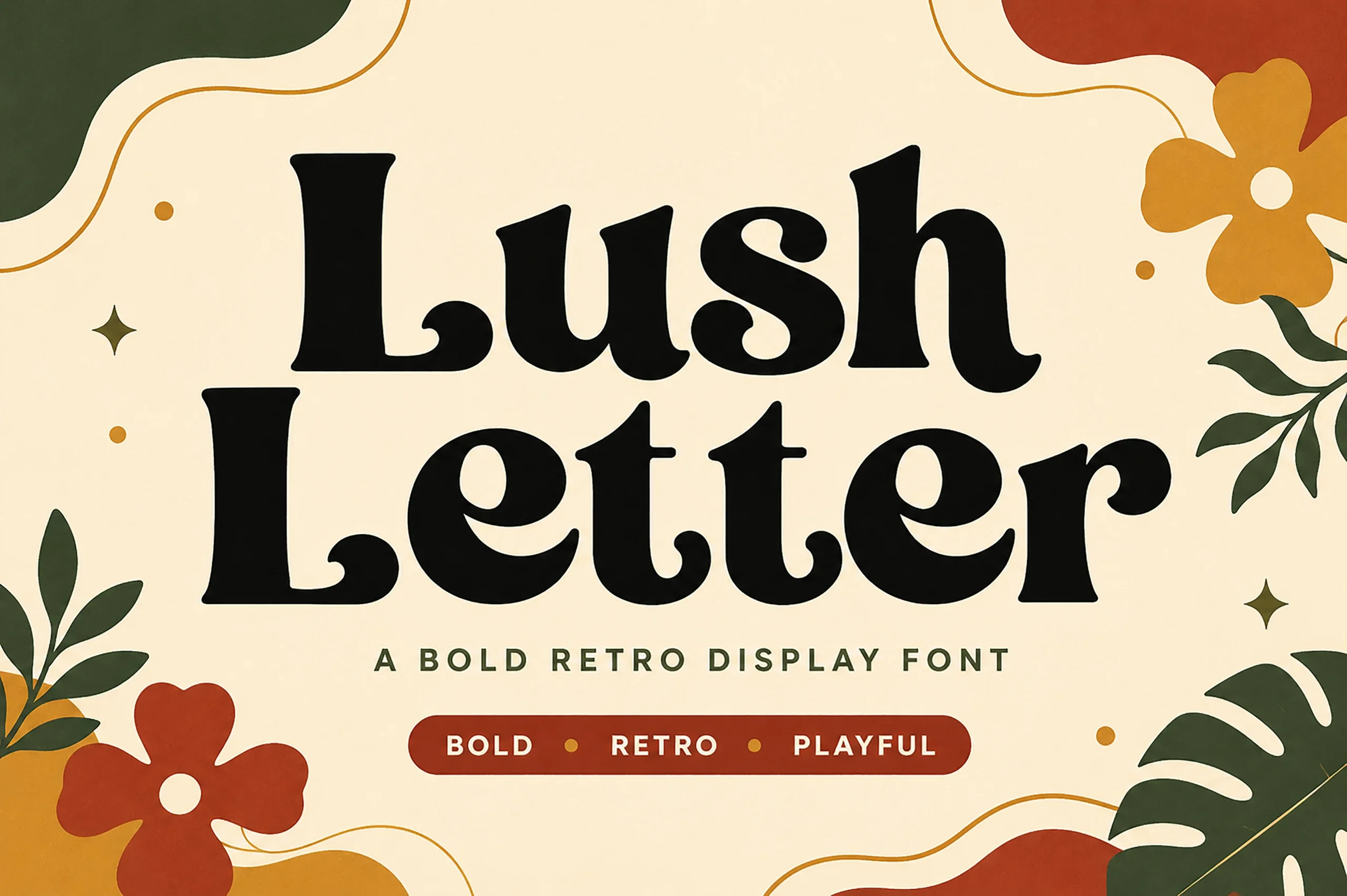 Lush Letter Font is a bold, upright display serif with rounded serifs, flowing terminals, and high stroke contrast.