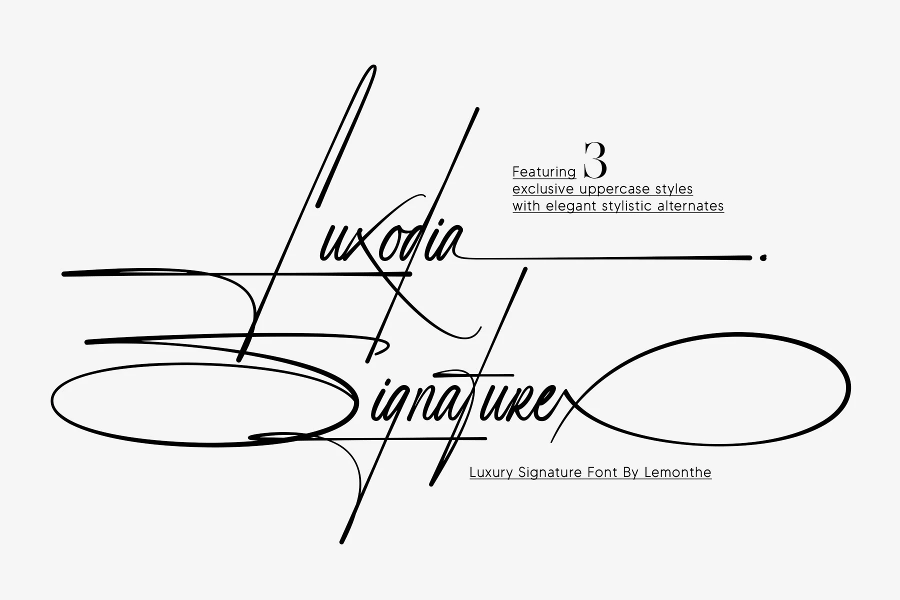 Luxodia Signature Font in a connected decorative script with high stroke contrast and sweeping flourishes.