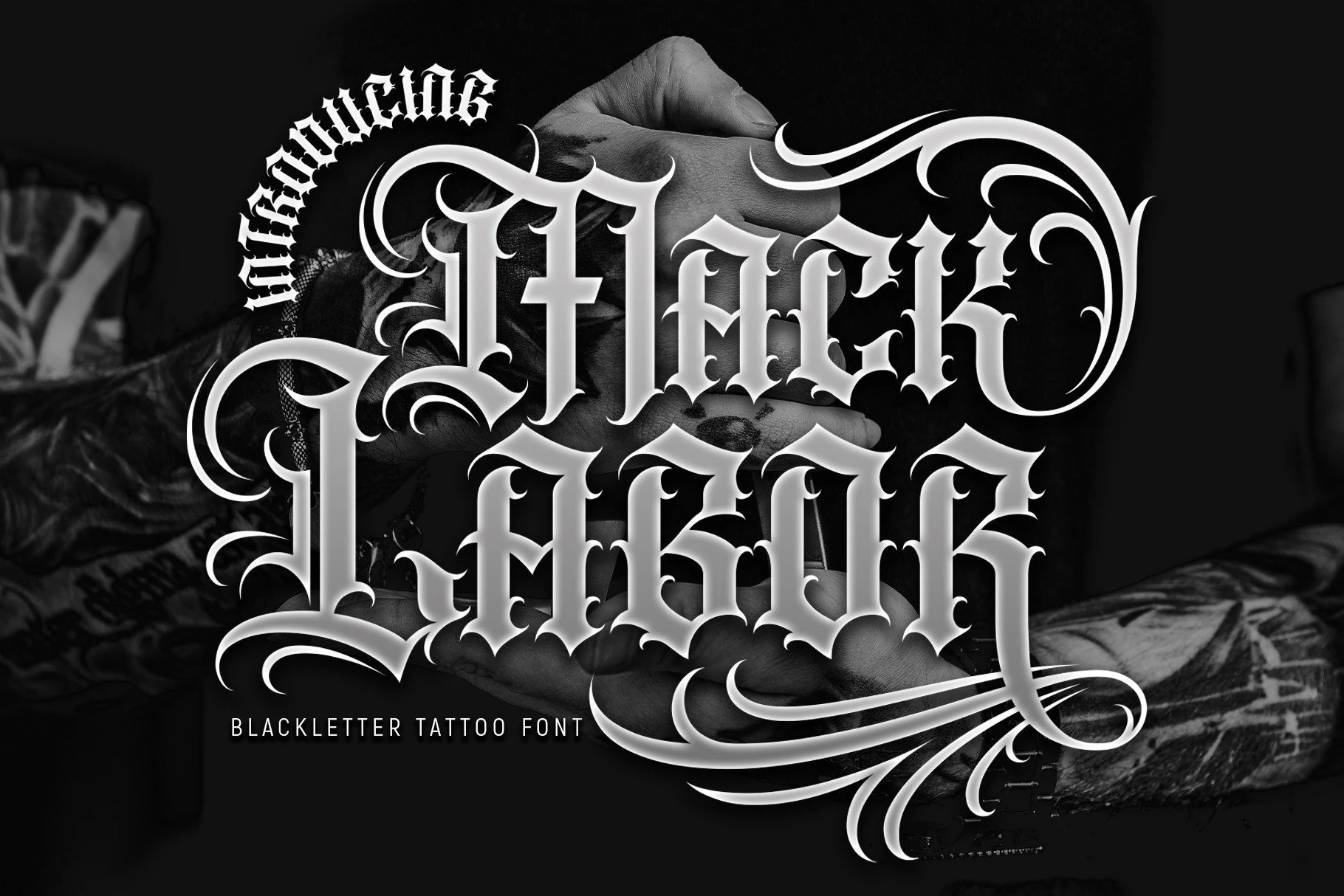 Mack Labor Font shown in a bold gothic display style with sharp angular letterforms, thorn-like terminals, and elaborate decorative flourishes.