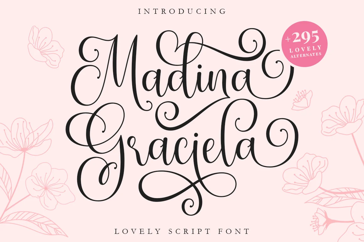 Madina Graciela Font displayed in an ornate connected script with sweeping swashes, looped ascenders, and high stroke contrast.