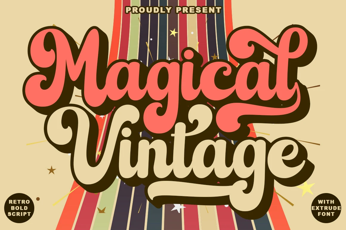 Magical Vintage Font in a bold connected script with rounded terminals and exaggerated flowing curves.