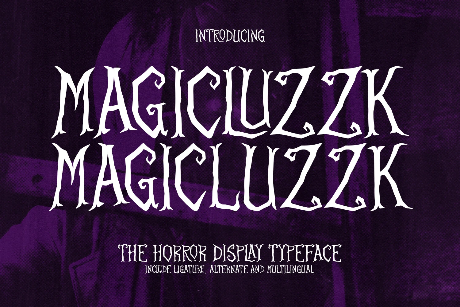 Magicluzzk Font showing upright uppercase letterforms with sharp terminals, irregular proportions, and disconnected strokes.