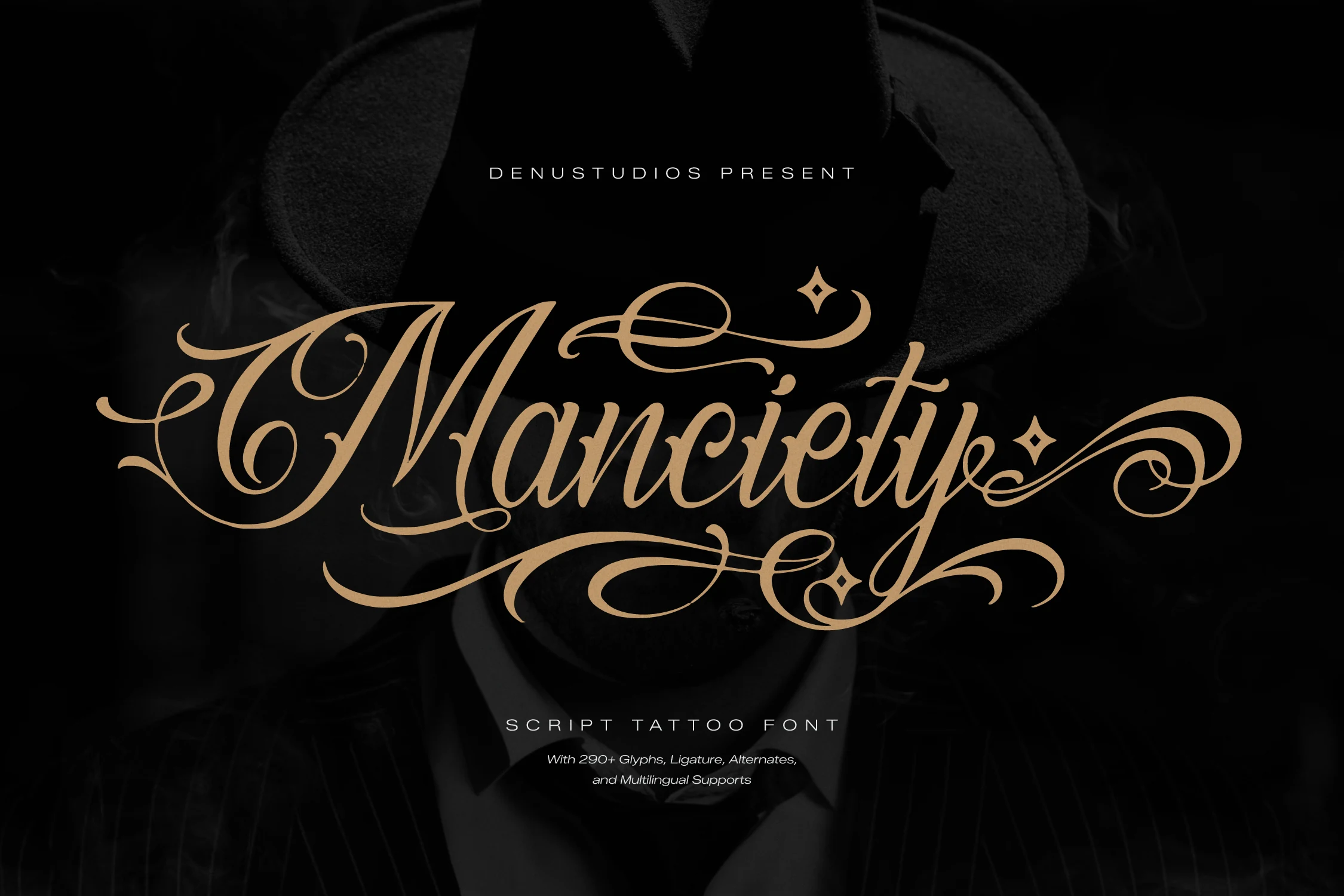 Manciety Font is an ornate calligraphic script with connected cursive forms, sharp terminals, and sweeping flourishes.