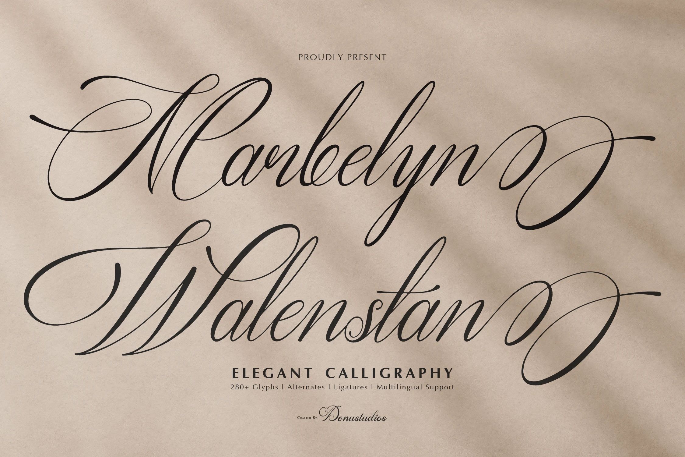 Marbelyn Walenstan Font is a formal connected script with high-contrast strokes, a rightward slant, and elaborate flourishes.