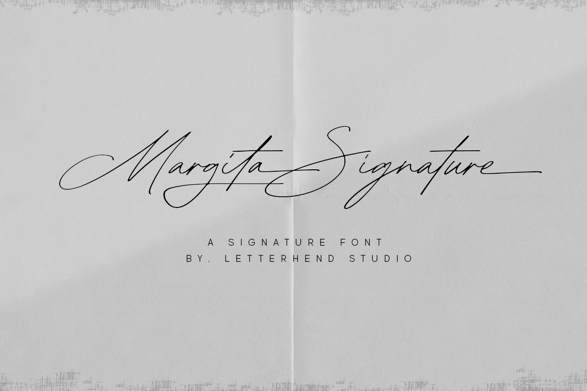 Margita Signature Font featuring connected cursive letterforms with flowing swashes and varied letter heights.