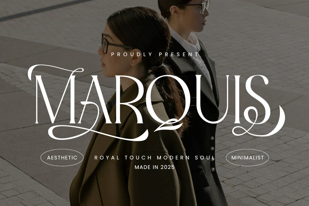 Marquis - Elegant Modern Serif Font displayed with high-contrast strokes, sharp elongated serifs, and decorative swashes.