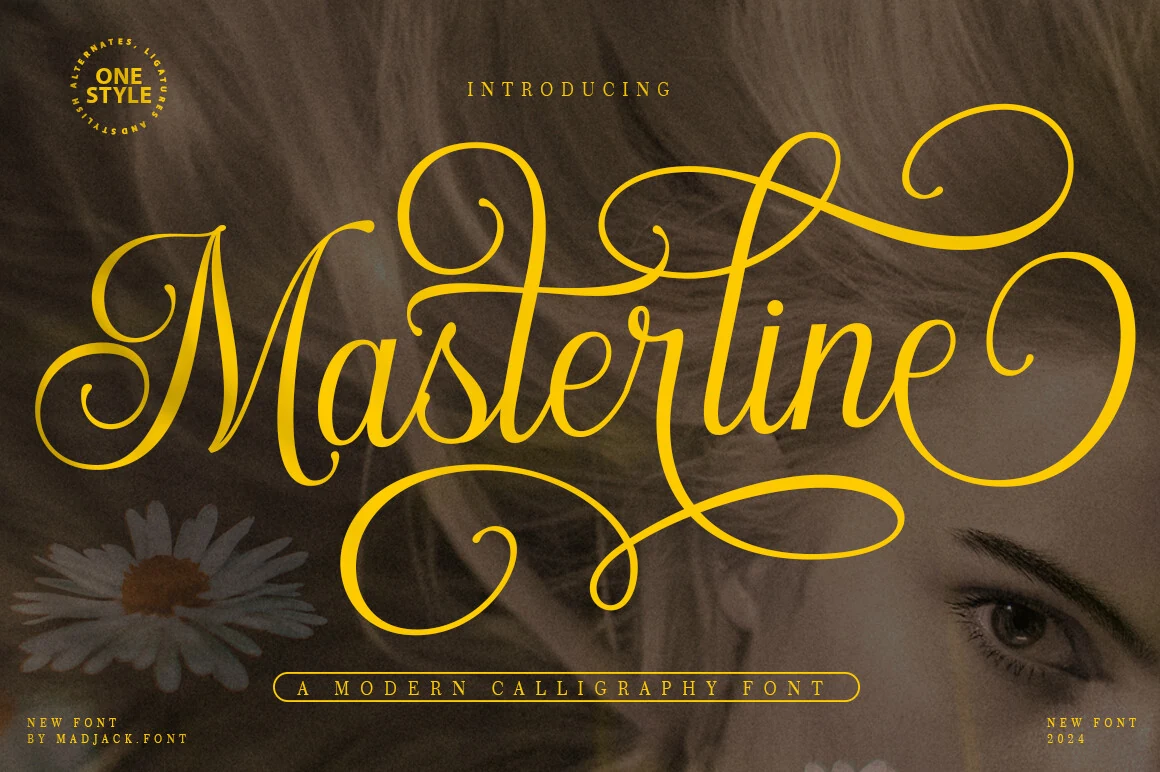 Masterline Calligraphy Font featuring connected high-contrast script letters with sweeping flourishes and swashes.