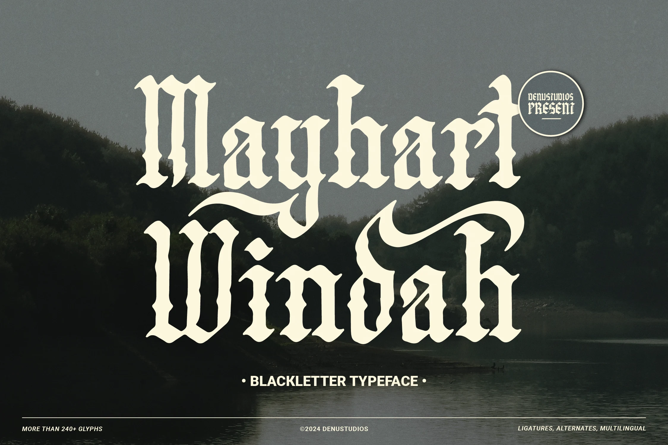 Mayhart Windah Font in a blackletter style with high-contrast strokes, pointed terminals, and decorative swashes.