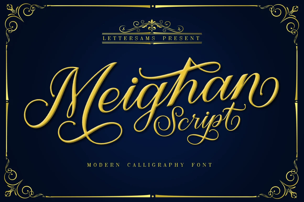 Meighan Script Font features connected cursive letters, a pronounced rightward slant, and extended decorative swashes.