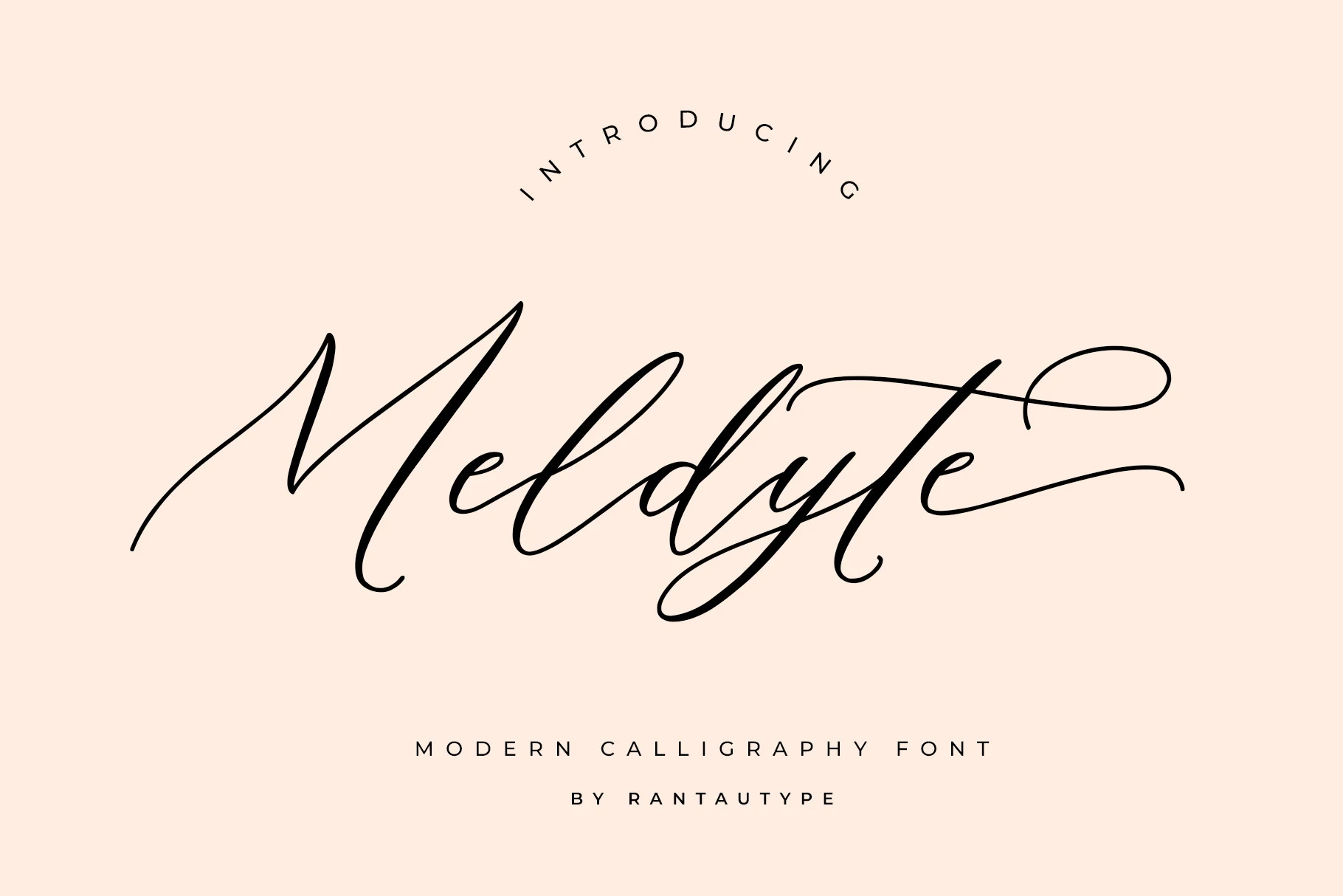 Meldyte Font showing flowing connected script lettering with a pronounced slant, high stroke contrast, and elaborate swashes.