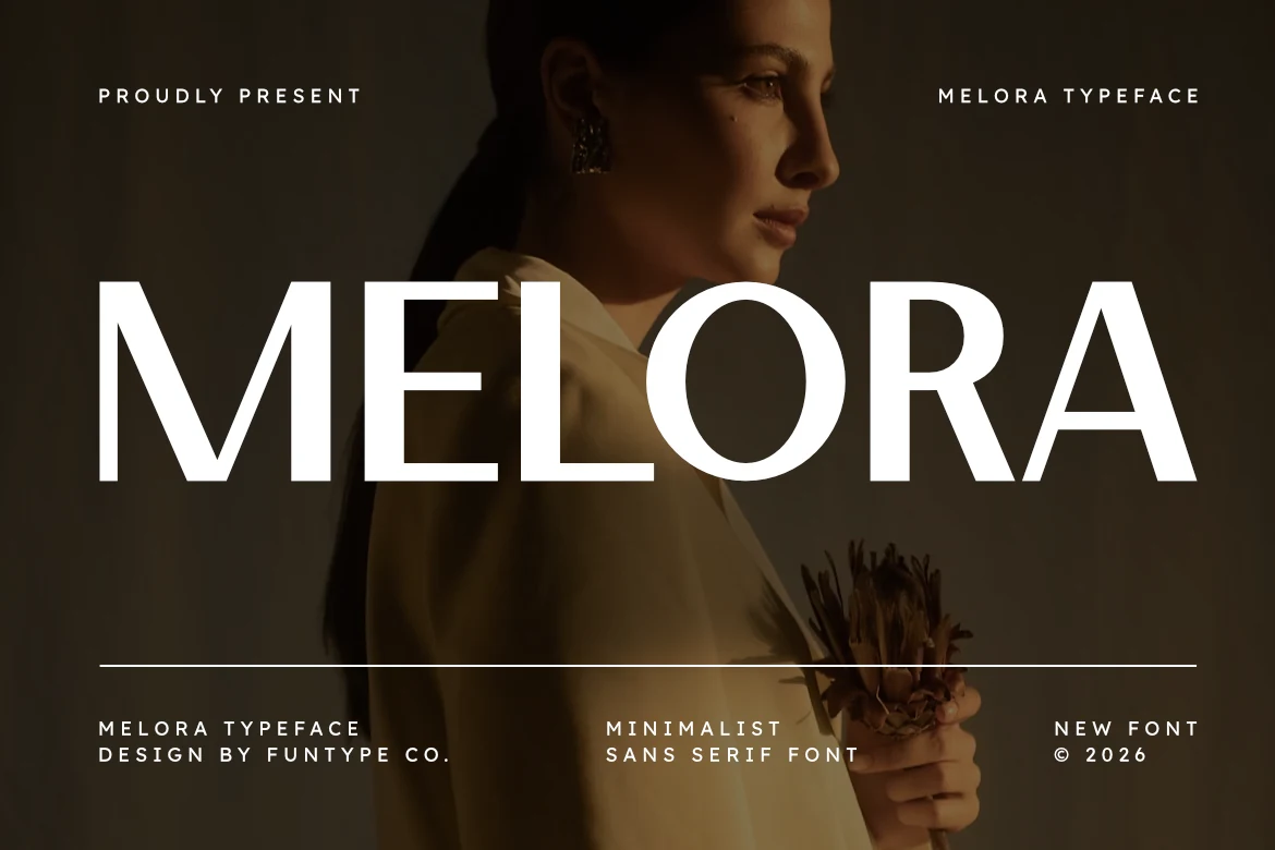 Melora Font displayed in large uppercase letters with geometric proportions, high stroke contrast, and crisp terminals.