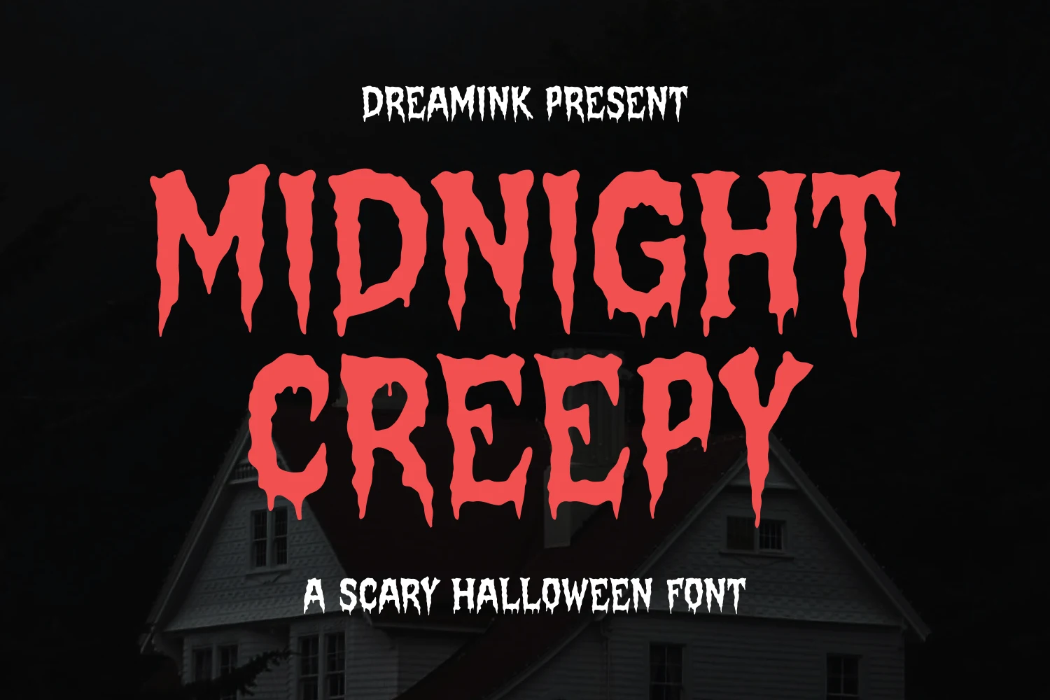 Midnight Creepy Font with bold, upright letterforms, jagged edges, and dripping terminals.