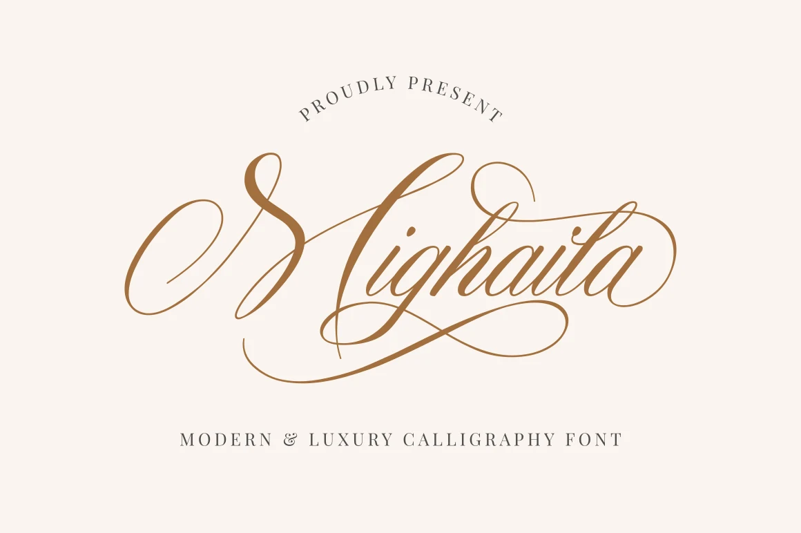 Mighaila Font in a connected high-contrast calligraphy style with ornate swashes and flowing flourishes.