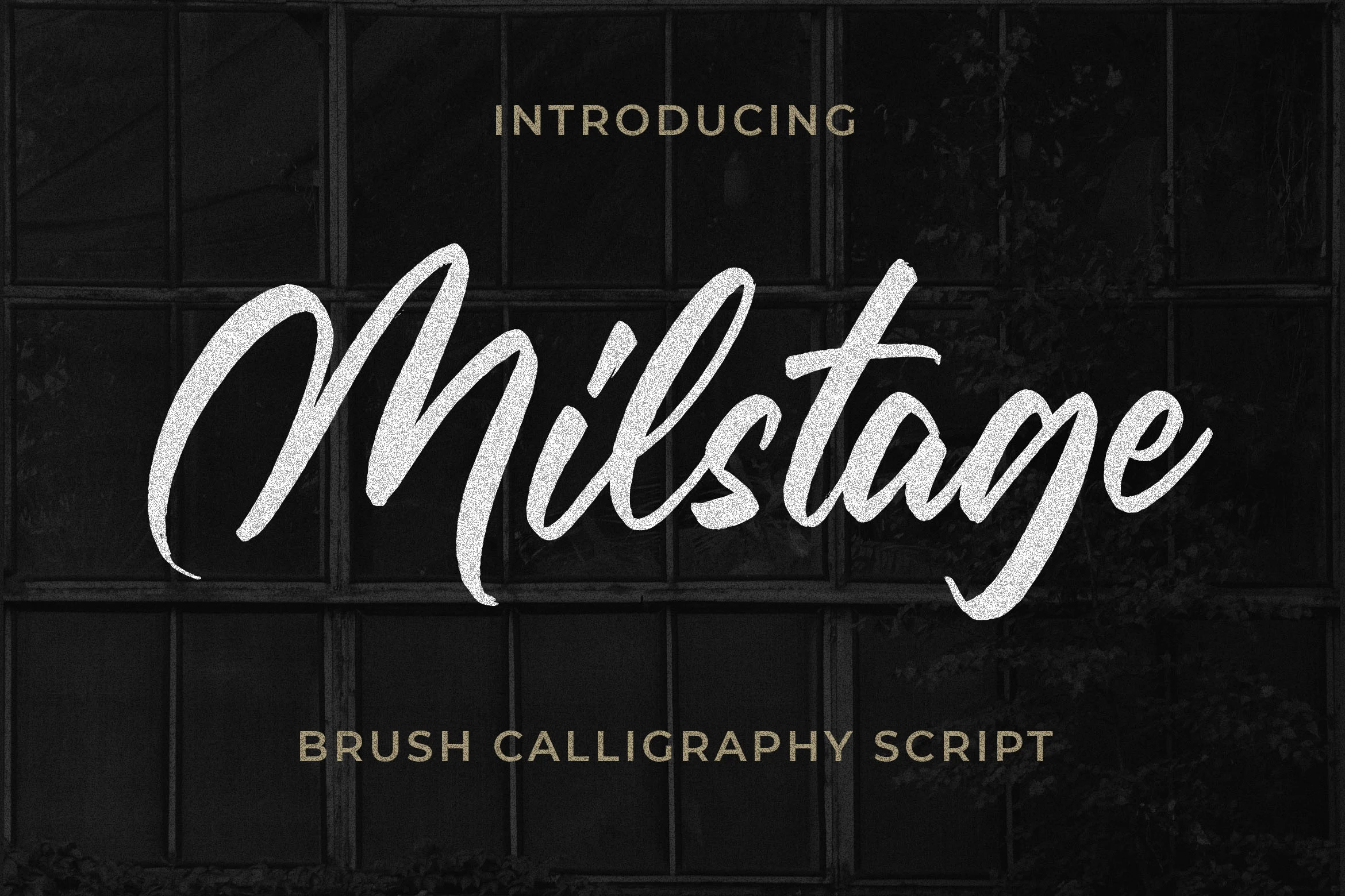 Milstage Font features connected, right-leaning brush lettering with textured strokes and extended swashes.