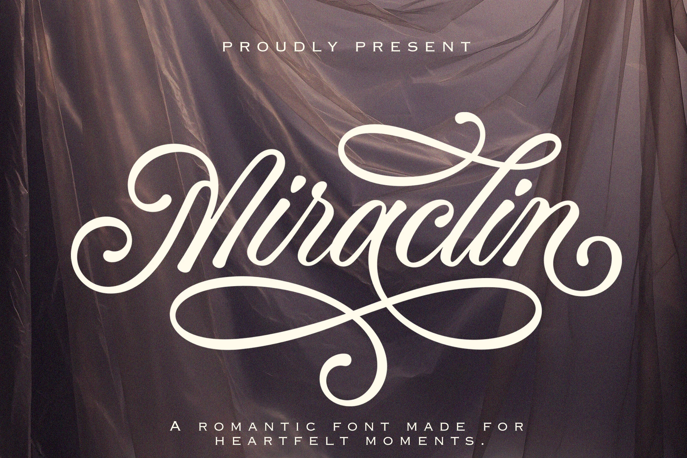Miraclin Font displaying connected, slanted cursive letters with high contrast and decorative swashes.