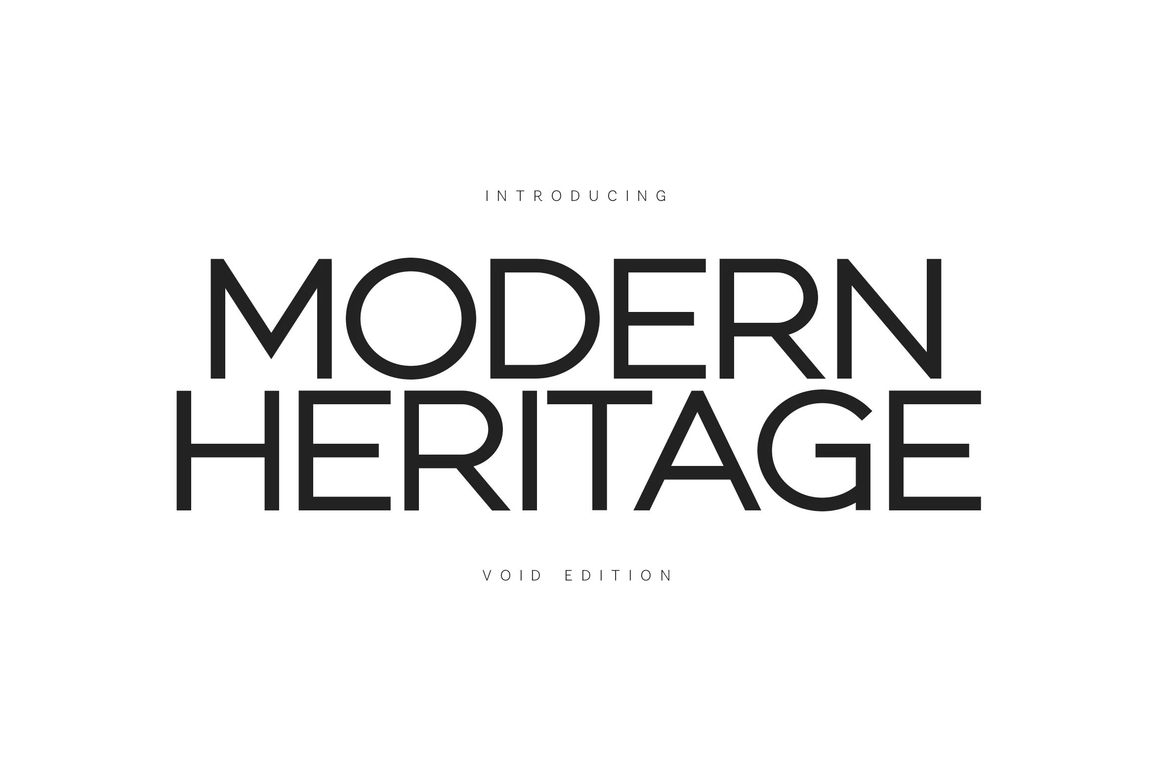 Modern Heritage Font preview showing bold geometric sans-serif lettering with uniform strokes, a wide stance, and a large x-height.