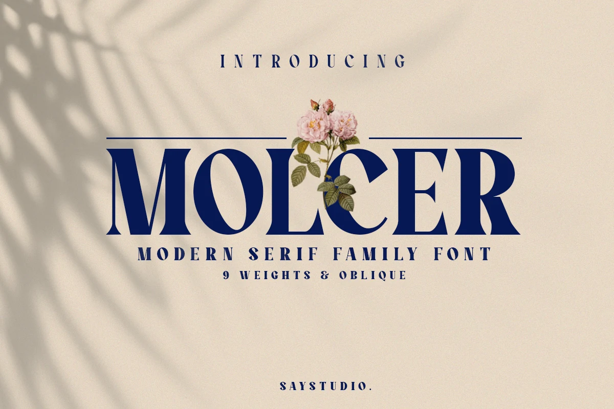 Molcer Font is a high-contrast serif with wide proportions, prominent vertical stems, and flared curved terminals.