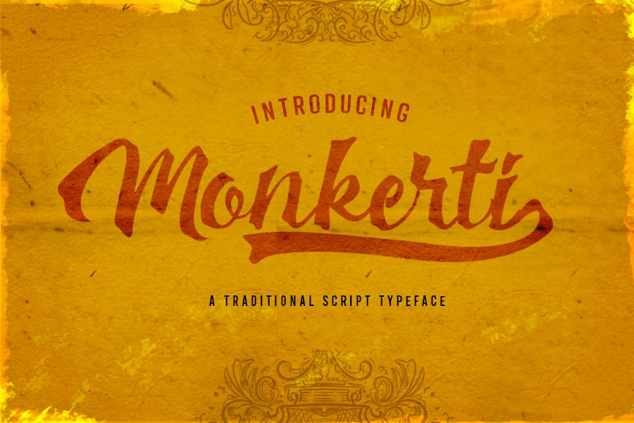 Monkerti Font shown as a high-contrast connected script with a forward slant and decorative swash.