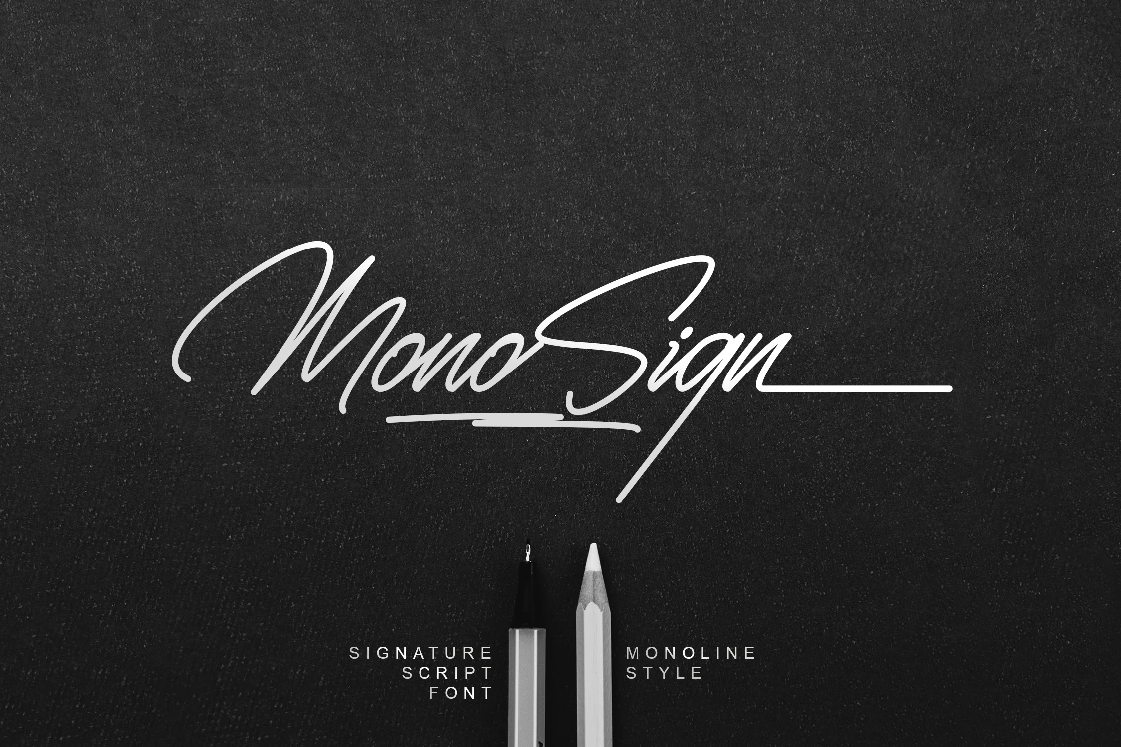 Monosign Font shown as a fluid, monoline signature script with connected cursive letters, a strong rightward slant, and a long decorative tail.