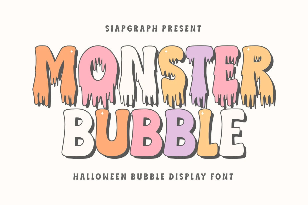 Monster Bubble Font with heavy rounded bubble letters, wide proportions, and dripping melting terminals.