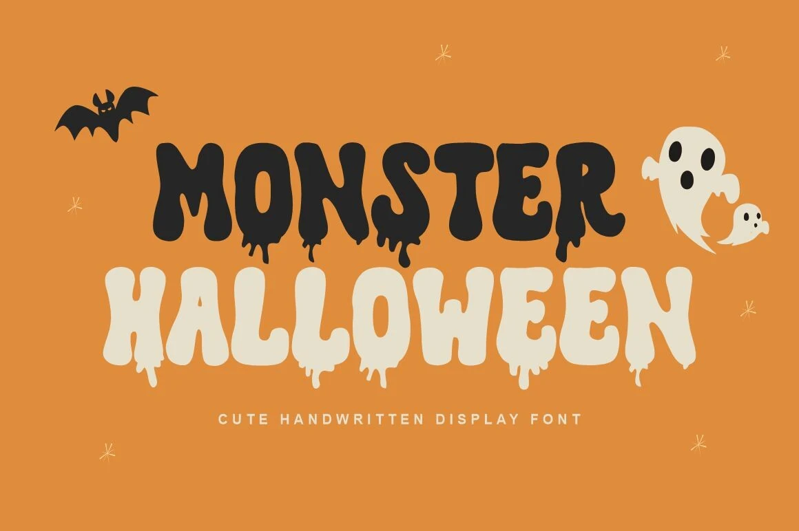 Monster Halloween Font is a bold handwritten display typeface with rounded letterforms and dripping bottom terminals.