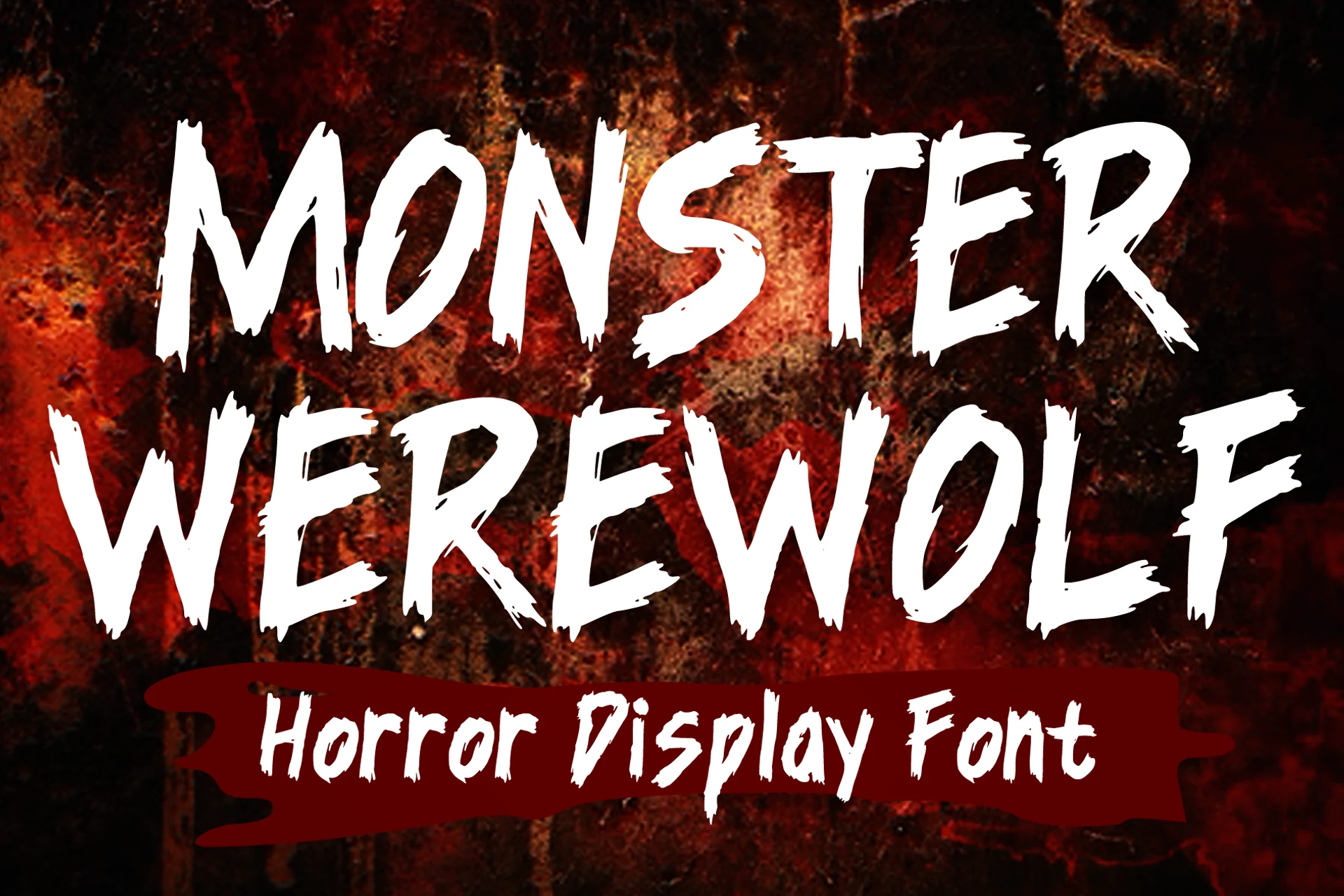 Monster Werewolf Font preview featuring bold distressed brush-stroke lettering with jagged edges and uppercase-heavy forms.