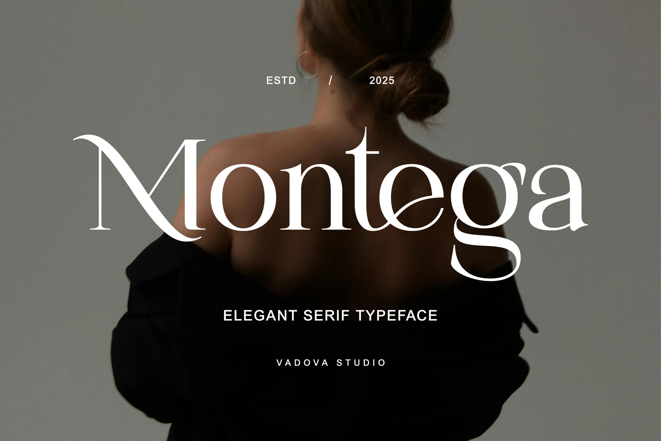 Montega Font featuring a high-contrast display serif with sharp serifs and ornamental swash-like curves.
