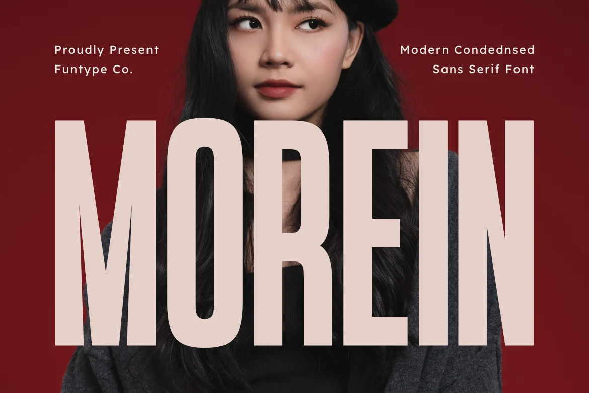 Morein Font is an ultra-condensed display sans serif with tall rectangular letterforms, uniform strokes, and sharp angular terminals.