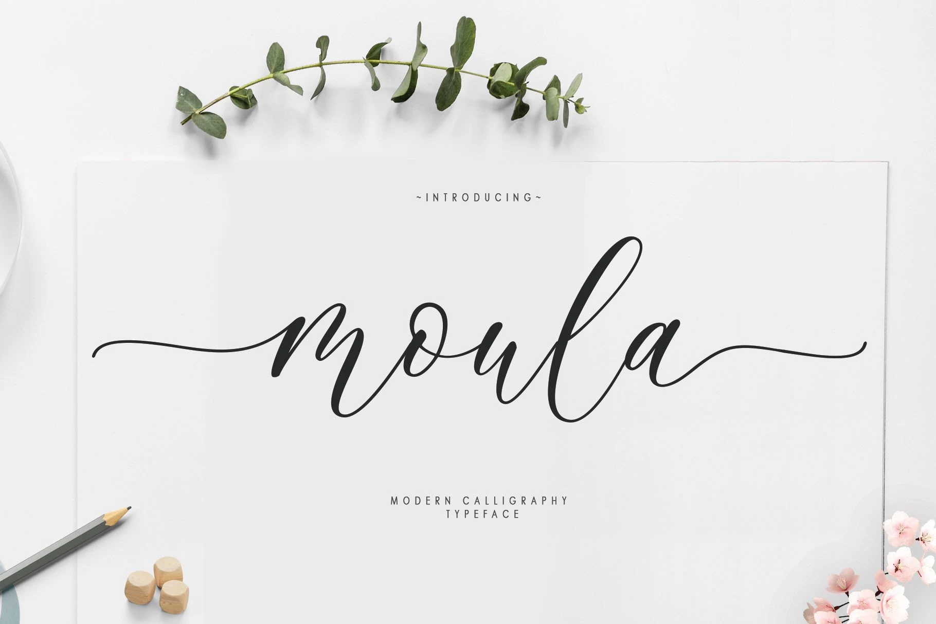 Moula Font is a high-contrast calligraphy script with connected letterforms, looping strokes, and sweeping decorative swashes.