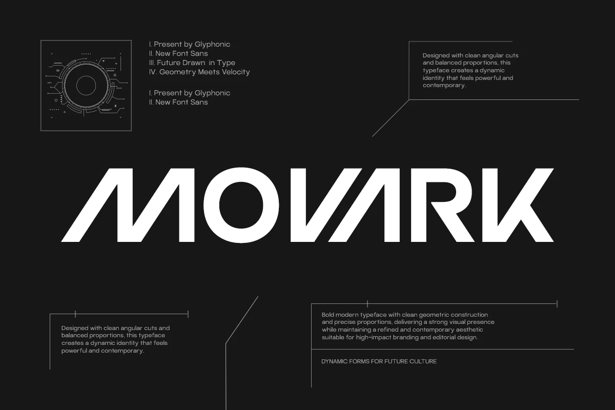 Movark Font is a bold geometric display typeface with sharp angular cuts, uniform strokes, and a pronounced forward slant.