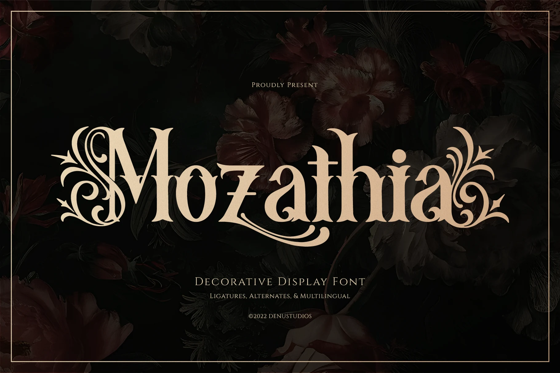 Mozathia Font displayed in an ornate decorative serif style with sharp wedge-shaped serifs, high contrast, and sweeping floral swashes.