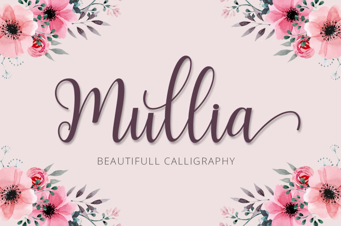 Mullia Font shown as a formal flowing script with connected cursive letters, high stroke contrast, and decorative swashes.