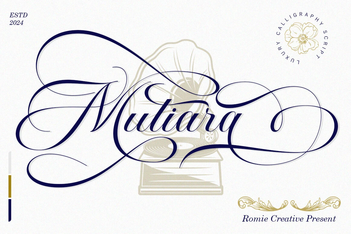 Mutiara Font featuring connected calligraphic letterforms, high stroke contrast, and sweeping decorative swashes.