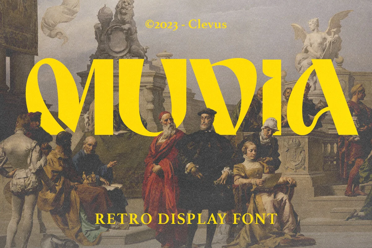 Muvia Font preview showing wide, high-contrast serif letters with flowing curved terminals and decorative serif details.