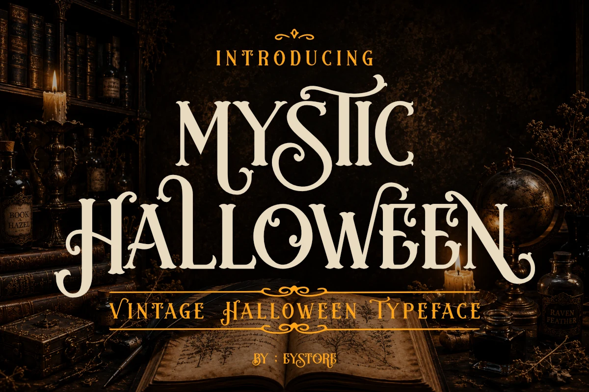 Mystic Halloween Font featuring an upright vintage display style with high-contrast strokes and extended ornamental flourishes.