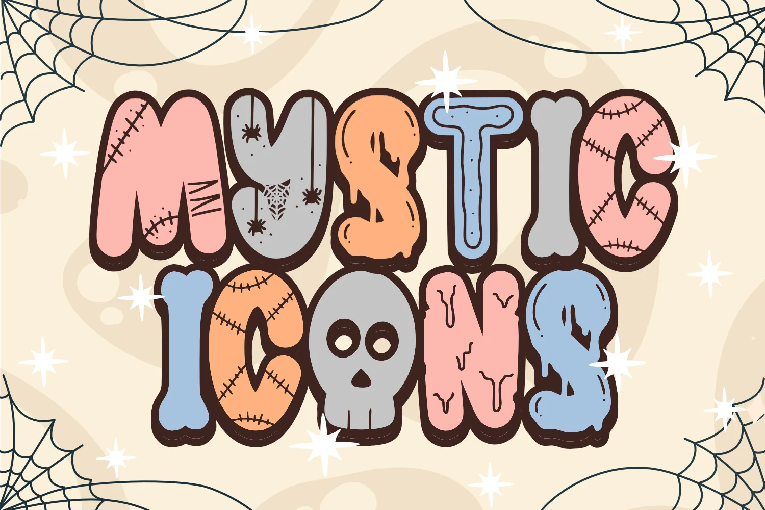 Mystic Icons Font featuring Thick, rounded bubble-like letterforms and Irregular, organic proportions