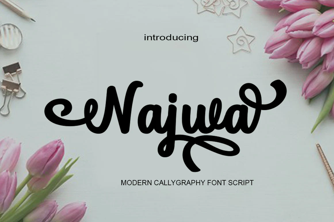 Najwa Font is a bold connected script with high stroke contrast and an extended final-letter swash.